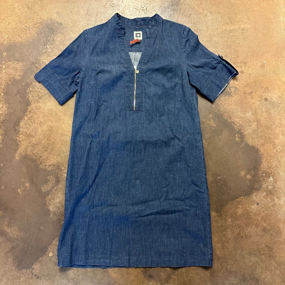 Anne‎ Klein Denim Dress Gold Zipper Roll Tab Sleeve Casual Career Size 4